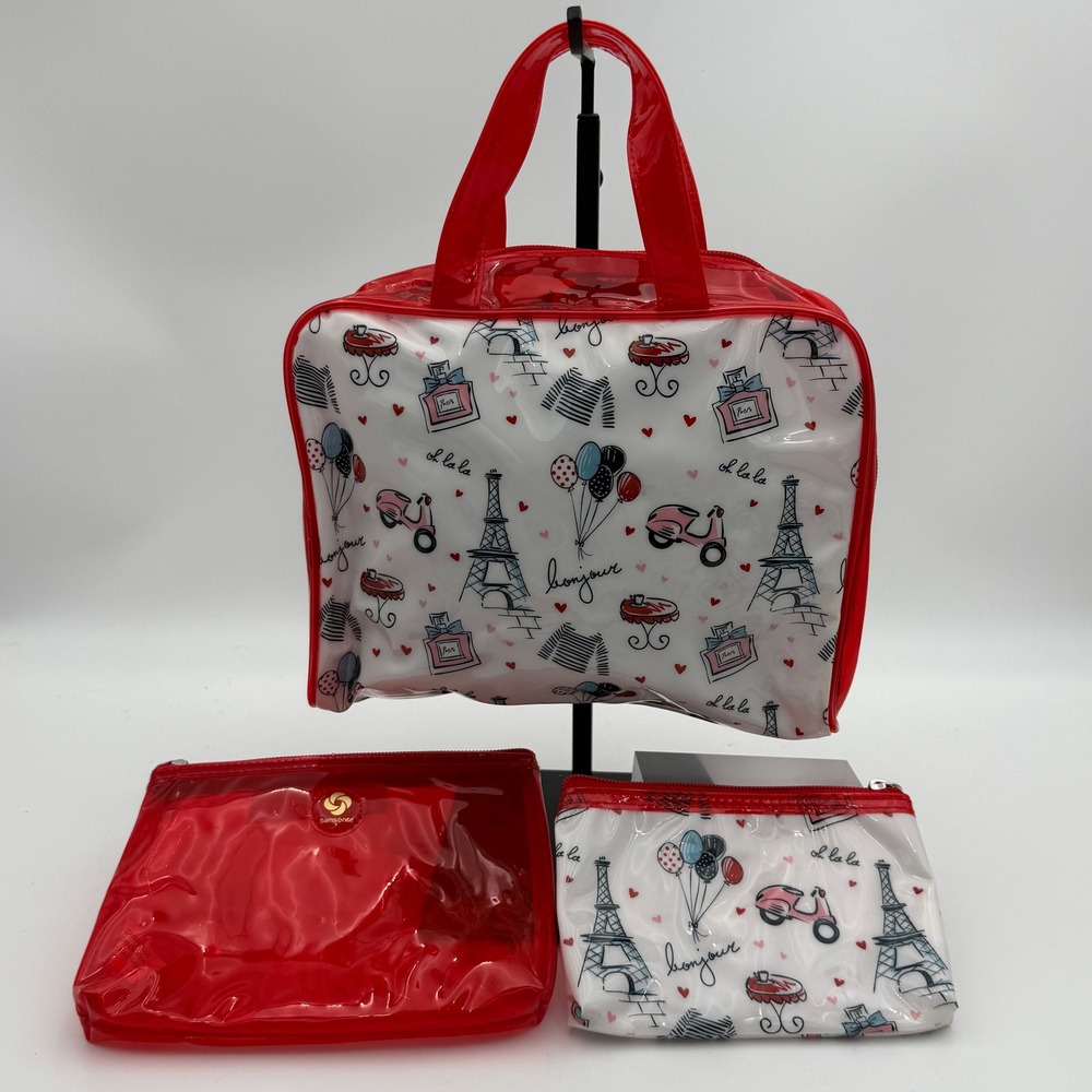 Samsonite 3 Piece Toiletry Set Paris Eiffel Tower Red Clear Travel Makeup Bags
